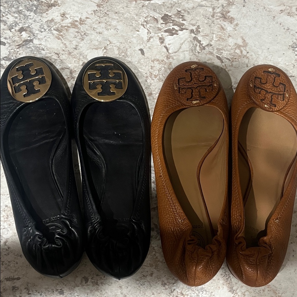 Tory Burch Black and Brown Flats with Logo